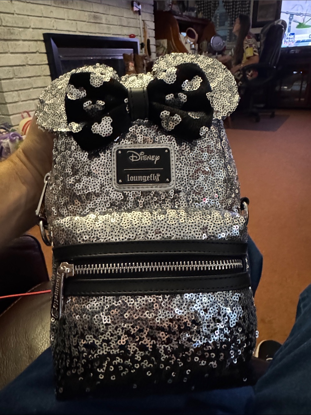 Loungefly Silver Sequin Minnie Ear Kids Mini Backpack with Black Bow